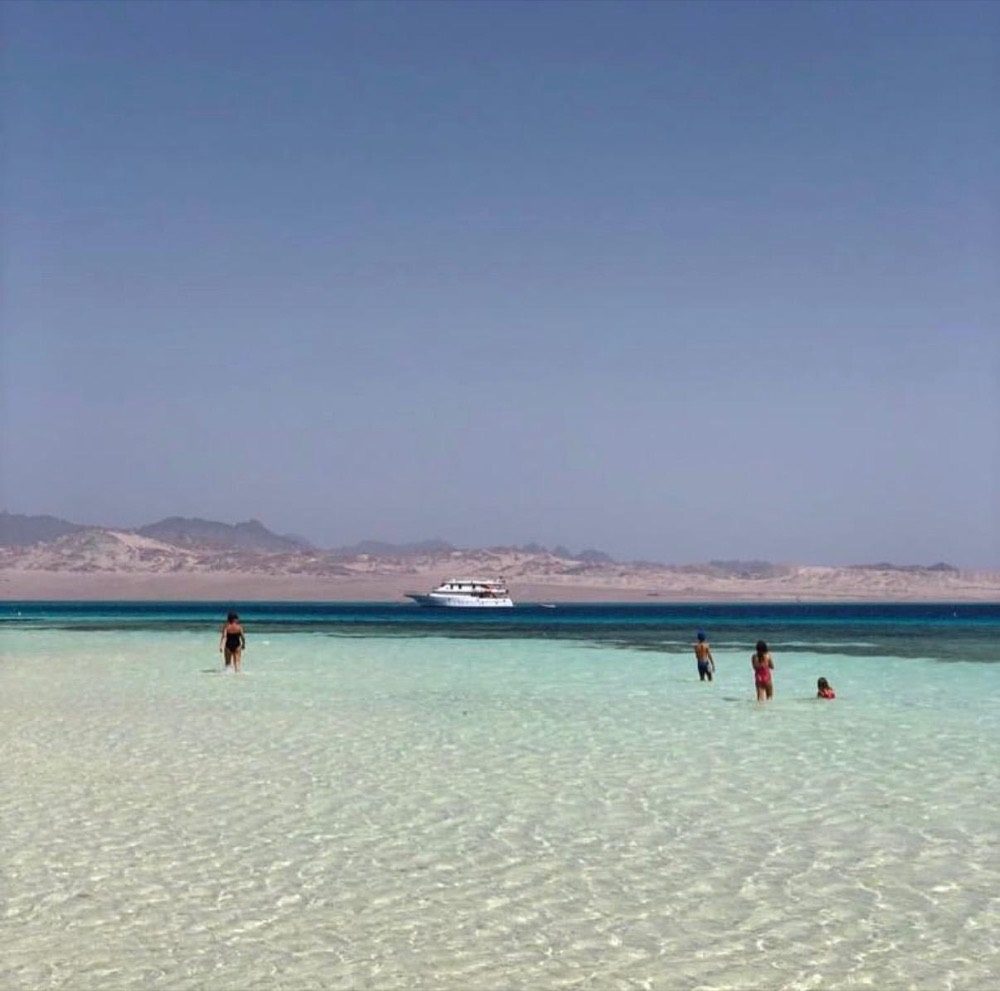 Guests wading through clear, sandy shallows, with El Tawil 2 anchored beyond them and mountains on the horizon.